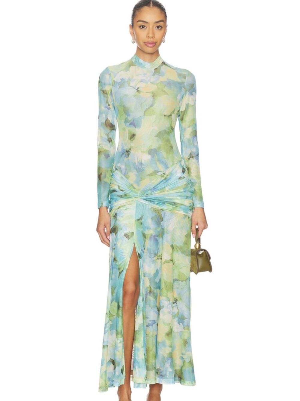 Bardot Pastel Floral Twist-Waist Maxi Dress in Blue and Green